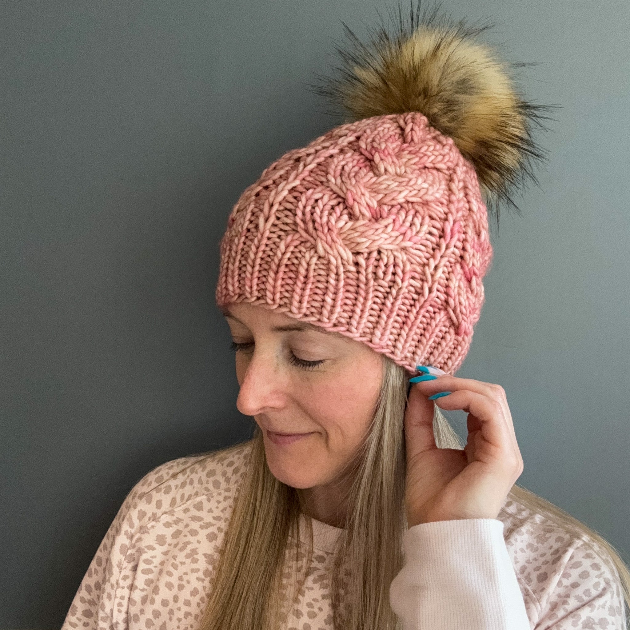 Blush Pink, Copper, & Blue Merino Wool Knit Hat with Faux Fur Pom